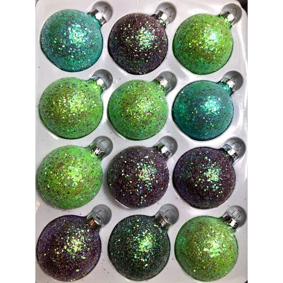 Christmas Ornament Set Of 12 Glitter Green & Purple Baubles Globe Hand-Painted M - Picture 1 of 6